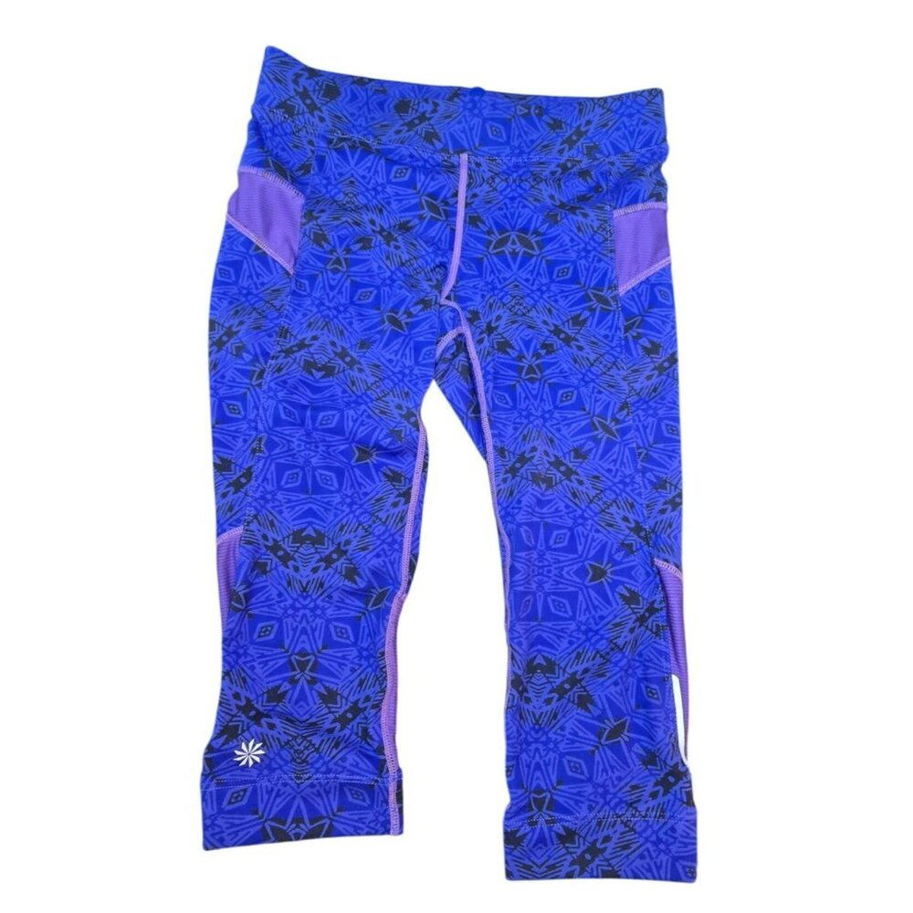Athleta Capri Leggings Geometric Print & Mesh Accents In Blue & Black XS JJ3994